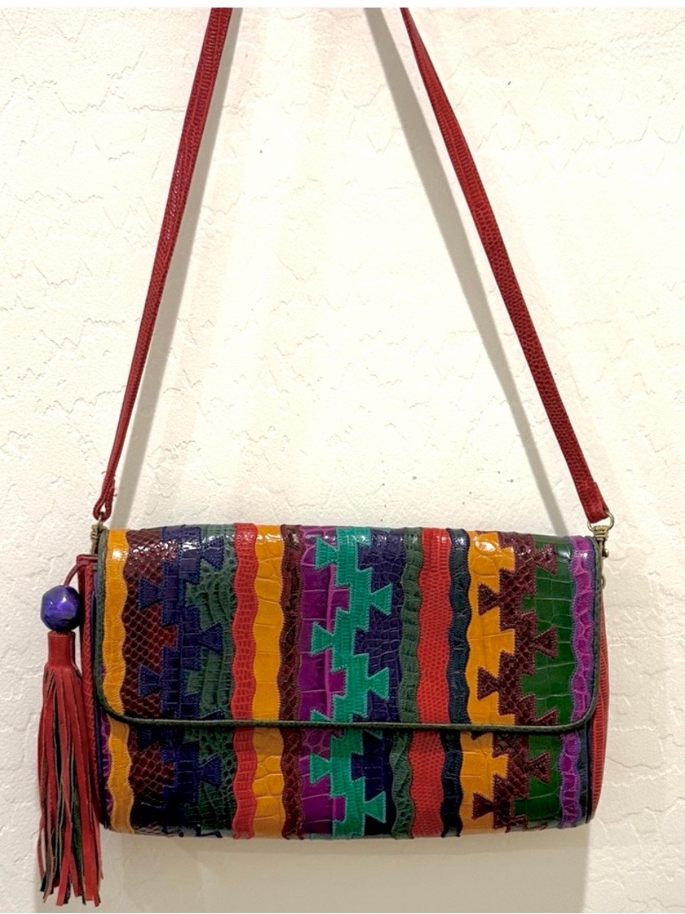 Sharif Gorgeous Vintage Colorful Patterned Leather Shoulder Clutch Patchwork